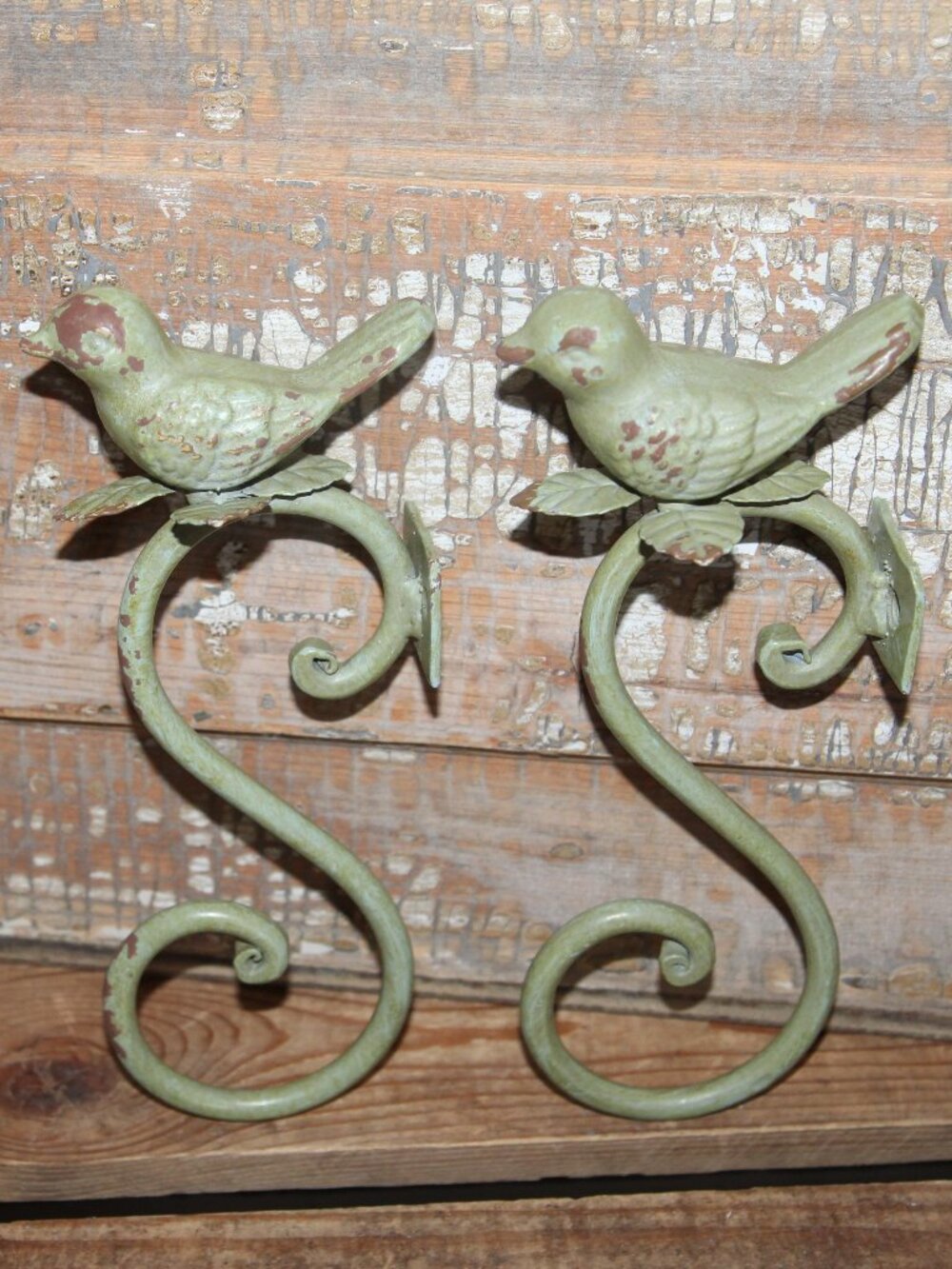 Shabby Chippy Green Cast Iron French Country Farmhouse Bird Wall Decor Hooks